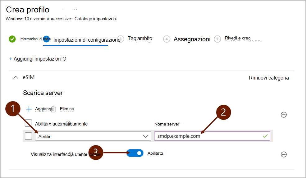 Screenshot che mostra le impostazioni di configurazione quando si aggiunge un server di download eSIM in Microsoft Intune.