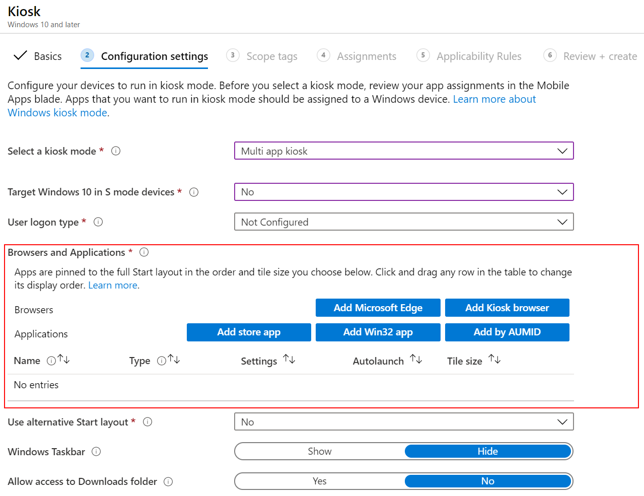 Aggiungere browser o app al profilo chiosco multimediale multi-app in Microsoft Intune.