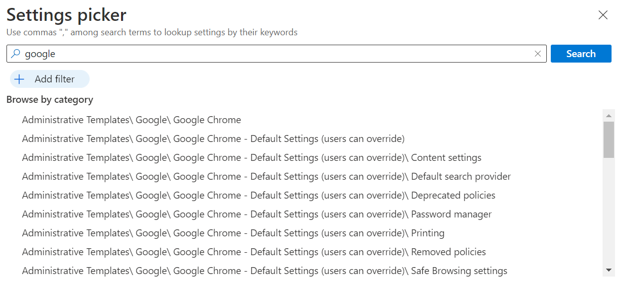 Screenshot che mostra le impostazioni di Google Chrome nel catalogo delle impostazioni incorporate nell'interfaccia di amministrazione di Microsoft Intune e Intune. Usa queste impostazioni per creare e configurare criteri google chrome nei dispositivi Windows.