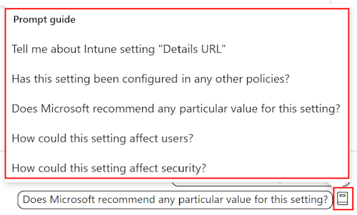 Screenshot che mostra la guida alla richiesta delle impostazioni di Copilot e un elenco dei prompt disponibili nel catalogo delle impostazioni nell'interfaccia di amministrazione di Microsoft Intune e Intune.