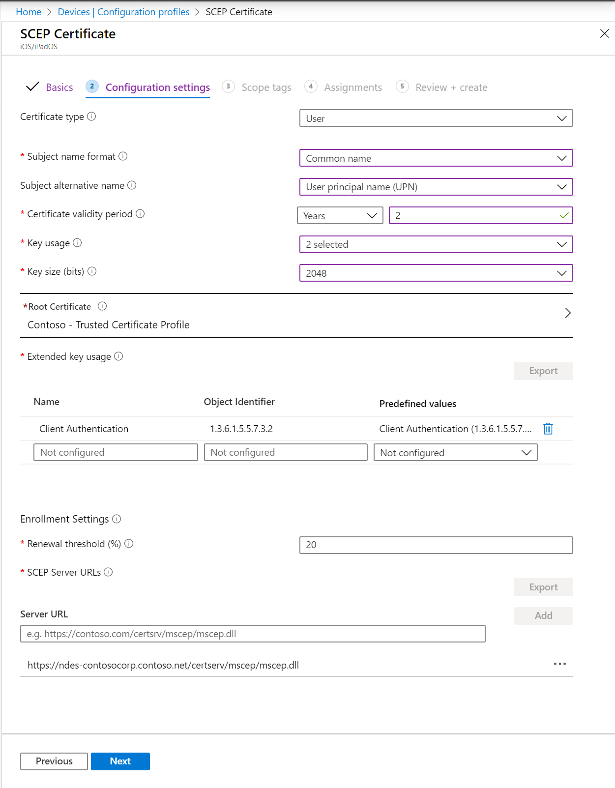 Creare un profilo certificato SCEP nell'interfaccia di amministrazione di Microsoft Intune e Intune. Includere il formato del nome soggetto, l'utilizzo della chiave, l'utilizzo esteso della chiave e altro ancora.