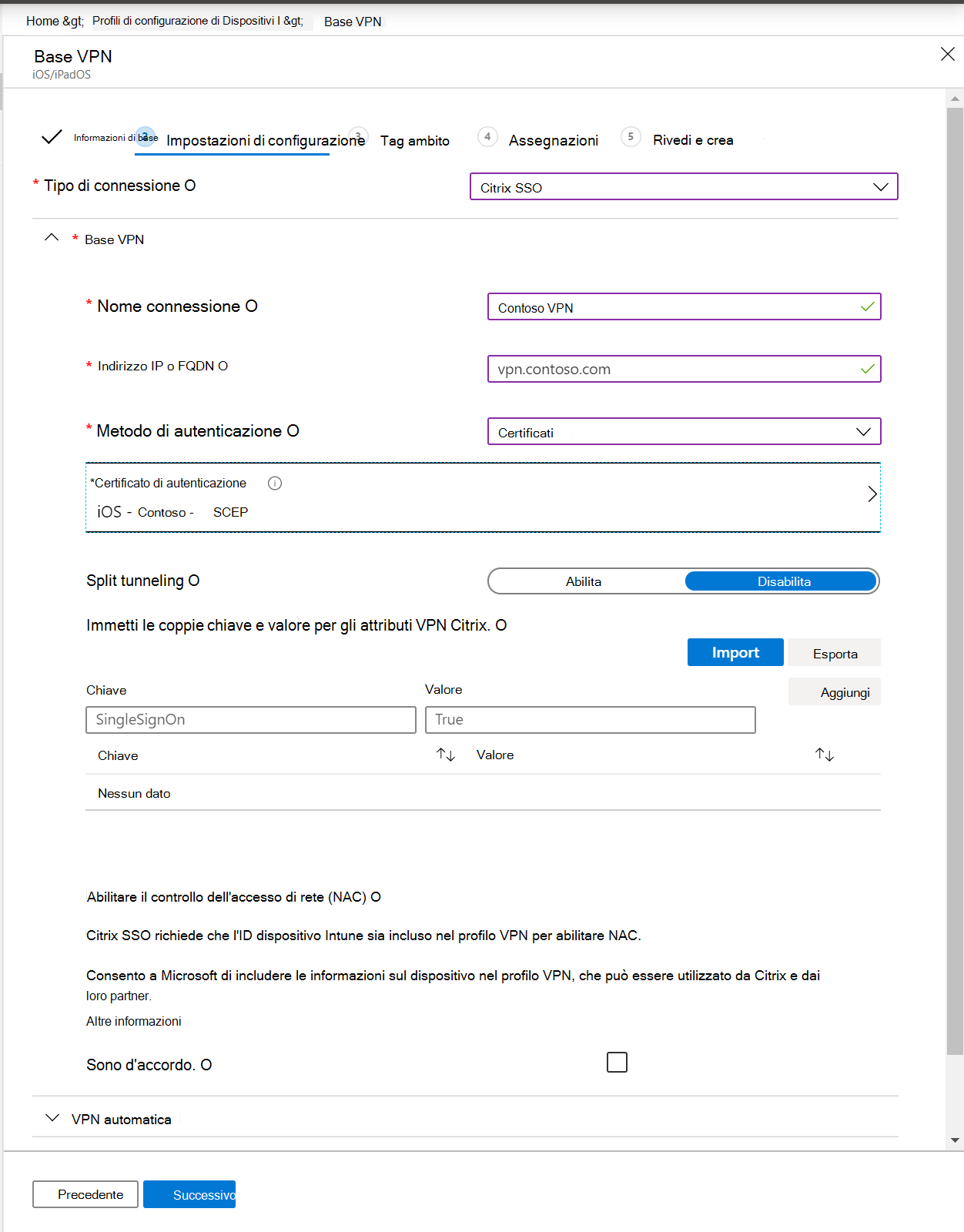 Screenshot che mostra un profilo VPN per app, un indirizzo IP o un FQDN, un metodo di autenticazione e un tunneling diviso nell'interfaccia di amministrazione di Microsoft Intune e Intune.