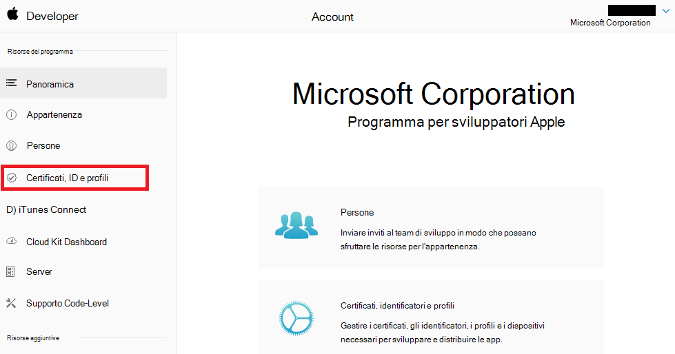 Portale per sviluppatori Apple - Certificati, ID & profili