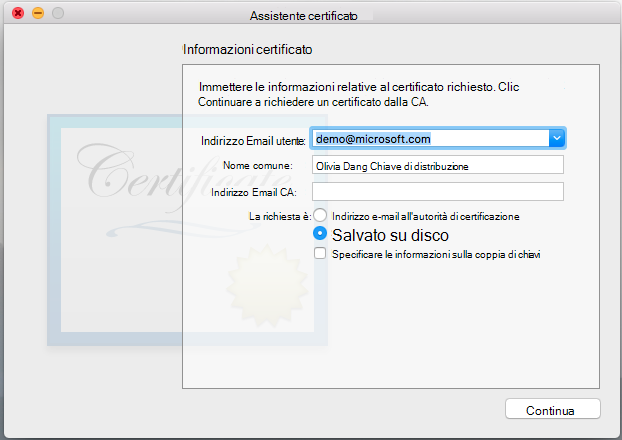 Immettere le informazioni per il certificato richiesto
