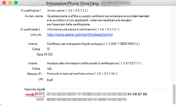 Informazioni sull'iPhone - Impronta digitale SHA1 stringa