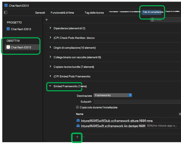 Screenshot che mostra l'incorporamento di framework in Xcode in un dispositivo macOS.