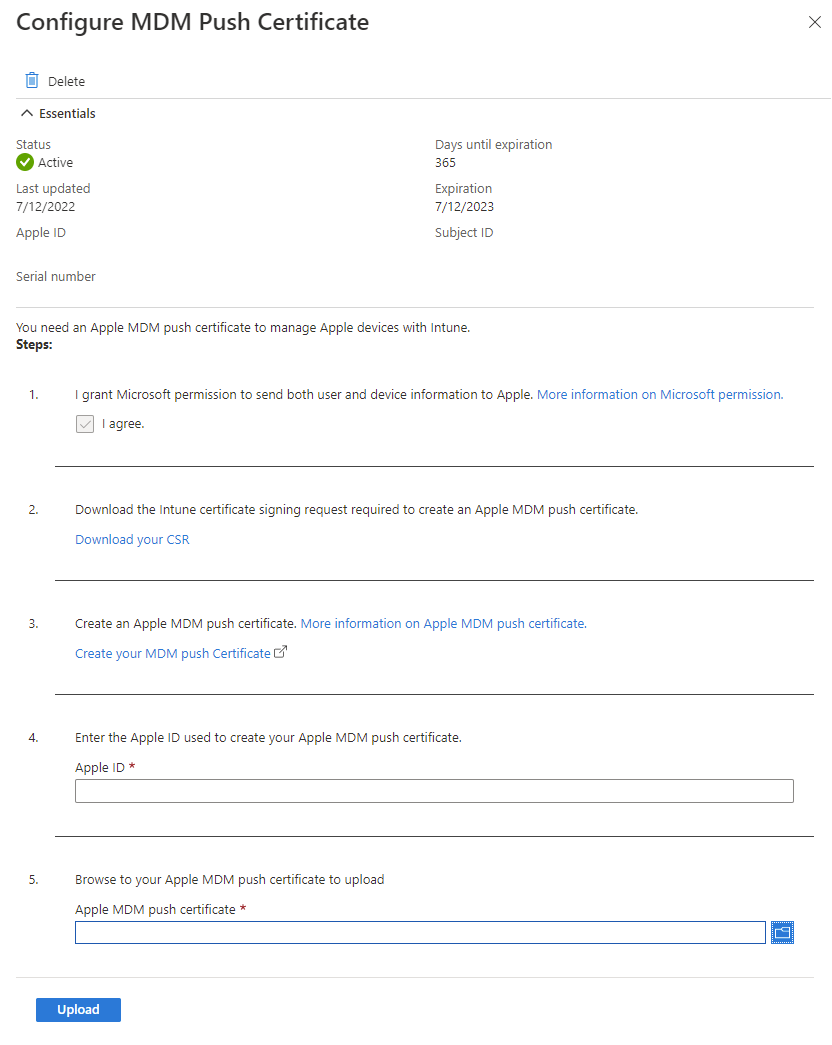 Screenshot della schermata Configura certificato push MDM con MDM Push non configurato.