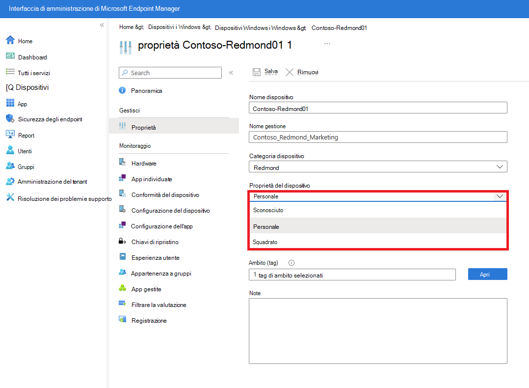 Screenshot delle proprietà del dispositivo gestito che mostrano la categoria Dispositivo e le opzioni di proprietà del dispositivo.