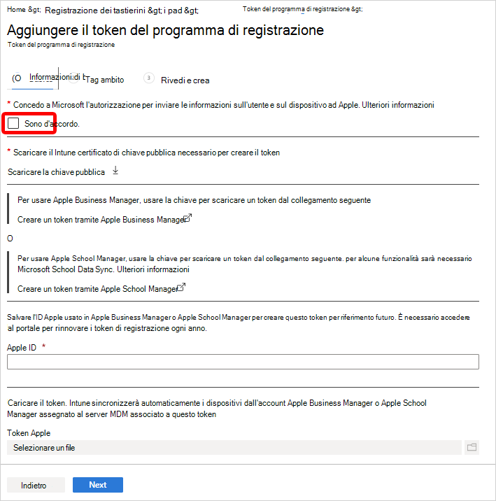 Screenshot che mostra la schermata Aggiungi token del programma di registrazione.