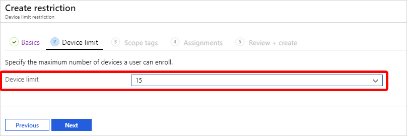 Screenshot che mostra come scegliere un limite di dispositivi.