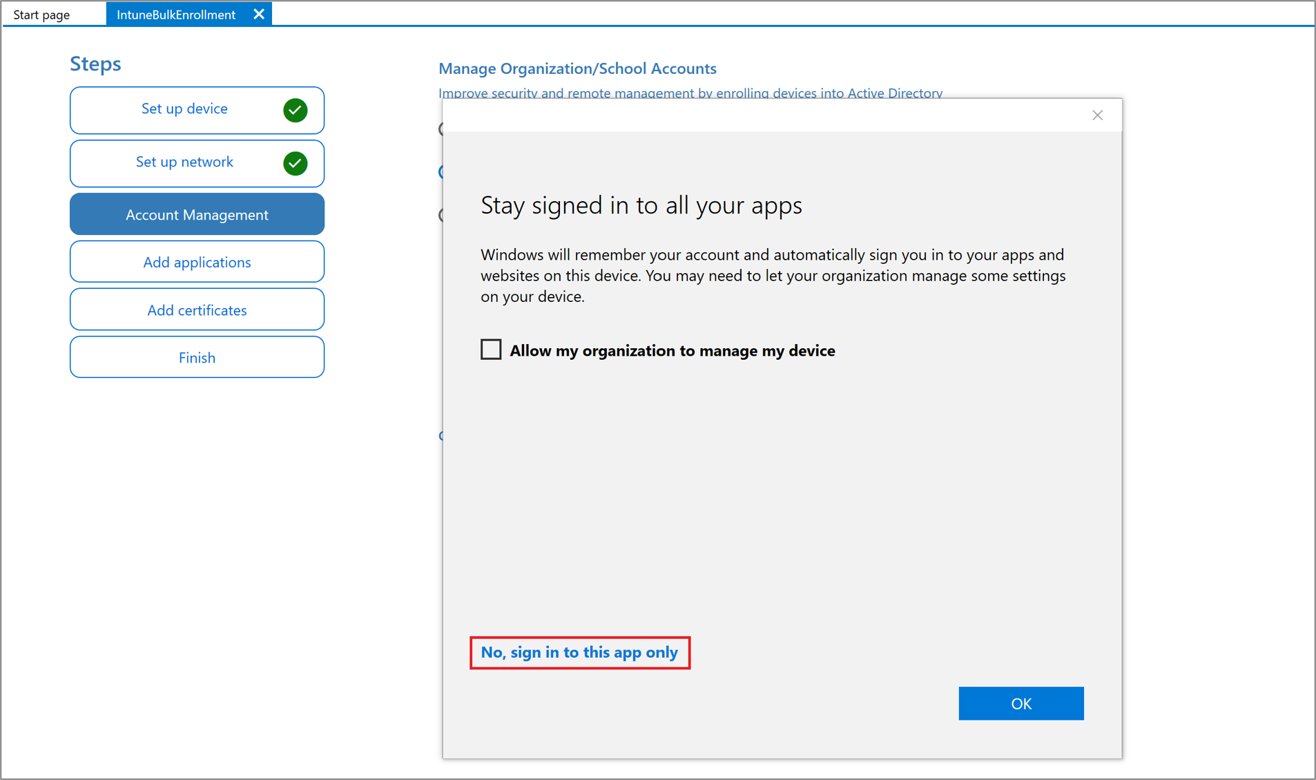 Screenshot dell'accesso all'app Progettazione configurazione di Windows