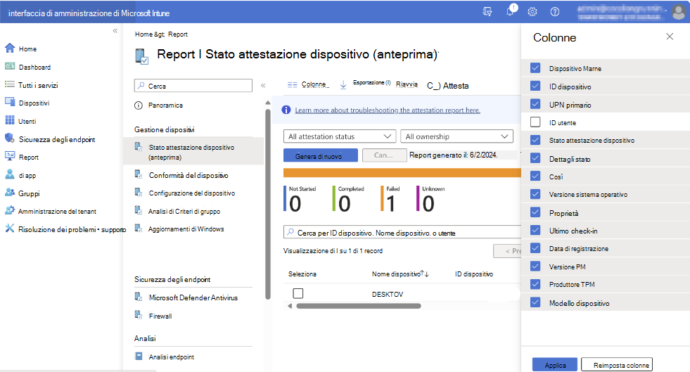 Screenshot del report di attestazione del dispositivo