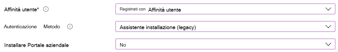 Nell'interfaccia di amministrazione Intune e Microsoft Intune registrare i dispositivi iOS/iPadOS usando la registrazione automatica dei dispositivi (ADE). Selezionare Registra con affinità utente, usare Assistente configurazione per l'autenticazione e non installare l'app Portale aziendale.