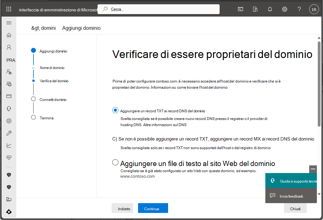 Screenshot dell'interfaccia di amministrazione di Microsoft 365 - Verifica del dominio