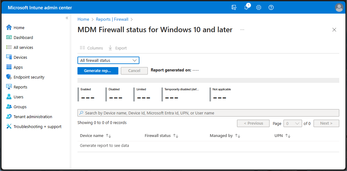 Visualizzare il report Stato del firewall