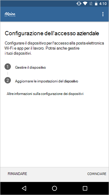 Immagine di esempio della configurazione dell'amministratore di dispositivi Android in Portale aziendale, che mostra l'elenco di controllo semplificato e le nuove icone.