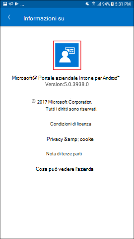 Screenshot che mostra Portale aziendale'app per Android, schermata Informazioni su.