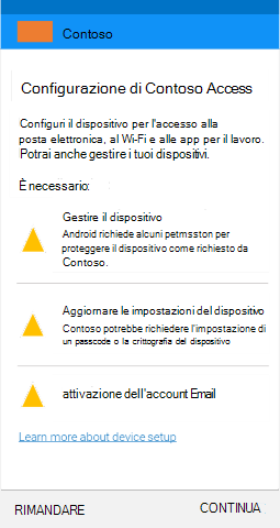 Screenshot che mostra Portale aziendale'app per Android dopo l'aggiornamento, la schermata di attivazione della posta elettronica per l'accesso condizionale.