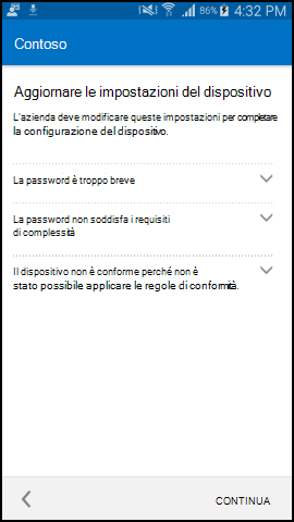 Screenshot che mostra Portale aziendale'app per il testo Android dopo l'aggiornamento, la schermata Aggiorna impostazioni dispositivo.