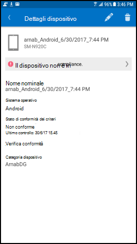 Screenshot che mostra Portale aziendale'app per il testo Android prima dell'aggiornamento, schermata Dettagli dispositivo.