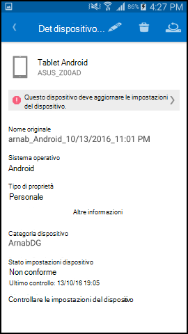 Screenshot che mostra Portale aziendale'app per testo Android dopo l'aggiornamento, schermata Dettagli dispositivo.