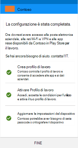 Screenshot che mostra Portale aziendale'app per i dispositivi del profilo di lavoro Android dopo l'aggiornamento, schermata Tutti impostati.