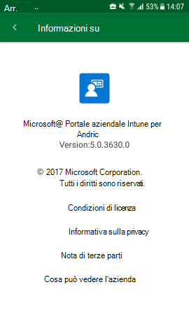 Screenshot che mostra Portale aziendale'app per Android, Schermata Informazioni su aggiornata.