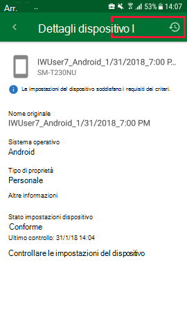 Screenshot che mostra Portale aziendale'app per Android, Dettagli dispositivo con opzione di aggiornamento aggiornata.