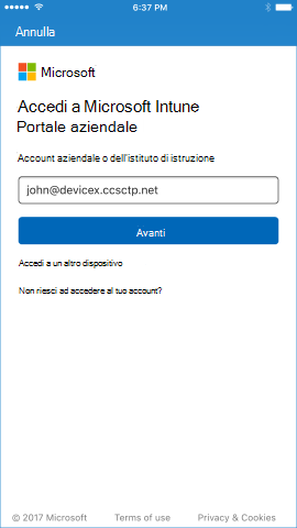 All'utente viene richiesto di specificare solo l'indirizzo di posta elettronica anziché il messaggio di posta elettronica e la password nella stessa schermata.