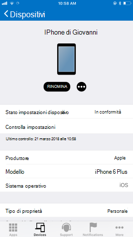 Screenshot che mostra Portale aziendale'app per i O S/i Pad O S dopo l'aggiornamento, Dispositivi.