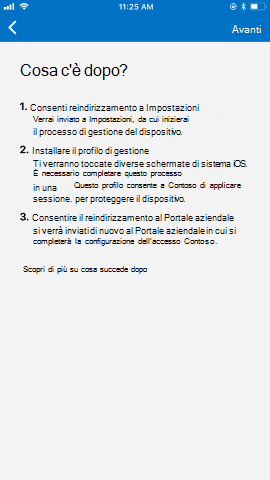 Screenshot che mostra Portale aziendale'app per i O S/i Pad O S dopo l'aggiornamento, Schermata successiva.