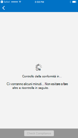 Screenshot che mostra Portale aziendale'app per i O S/i Pad O S prima dell'aggiornamento, verifica del messaggio di conformità.