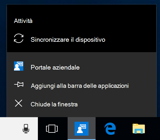 Screenshot della barra delle applicazioni di Windows sul desktop di un dispositivo. Portale aziendale'icona del programma dell'app è stata cliccata per visualizzare un menu con le opzioni 