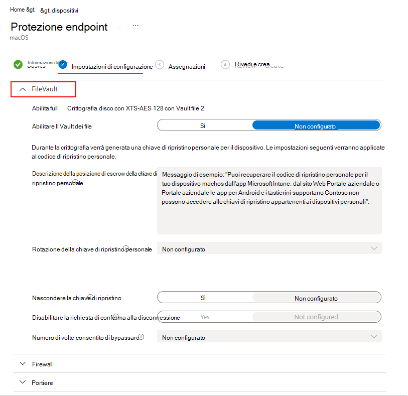 Screenshot che visualizza le impostazioni di FileVault.