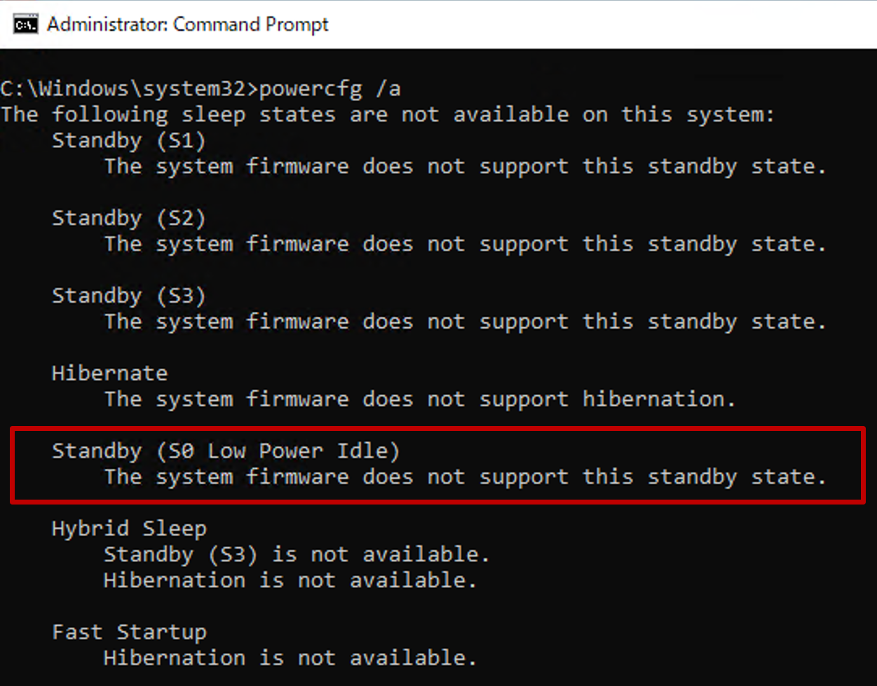 Screenshot del prompt dei comandi che visualizza l'output del comando powercfg con lo stato standby S0 non disponibile.