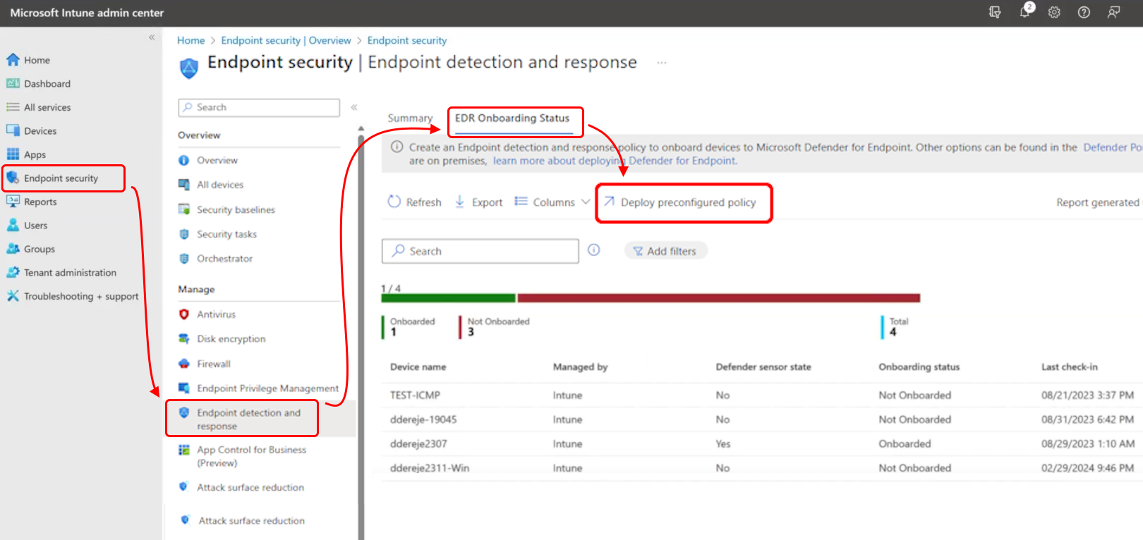 Screenshot dell'interfaccia di amministrazione che mostra dove trovare l'opzione Distribuisci criteri preconfigurati.