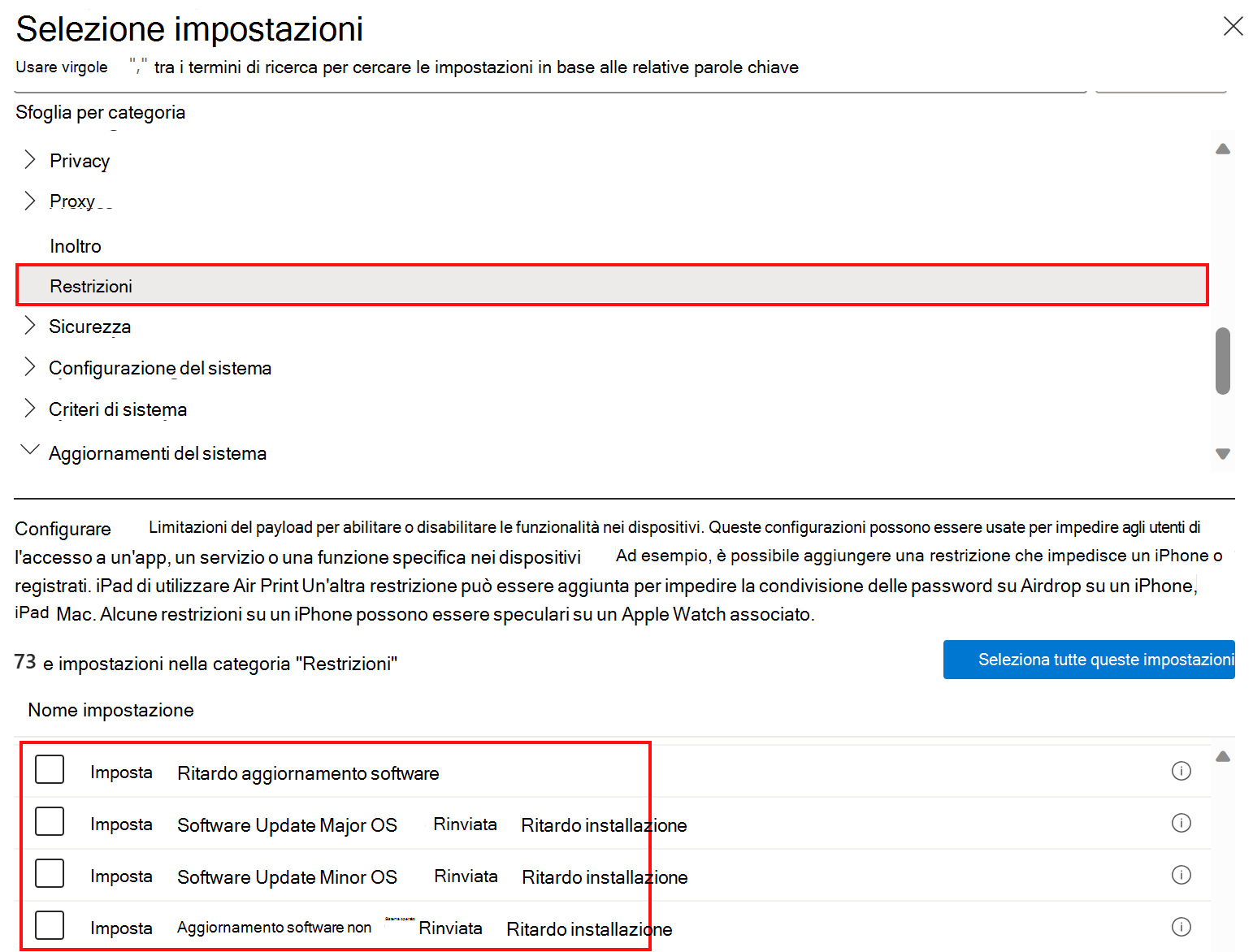 Screenshot che mostra le impostazioni dei criteri delle restrizioni del catalogo per ritardare o rinviare gli aggiornamenti software in Microsoft Intune.