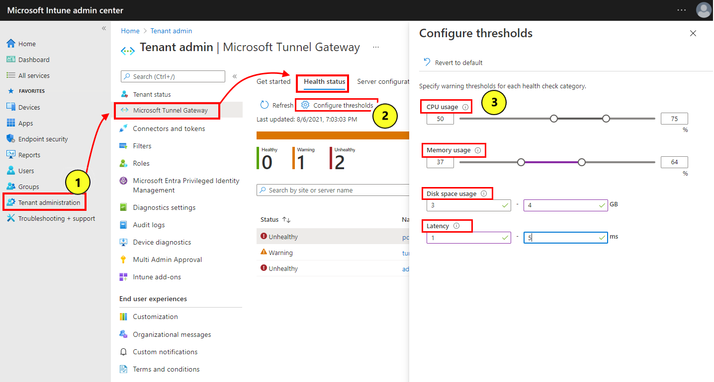 Screenshot di come selezionare e configurare le soglie di stato di integrità.