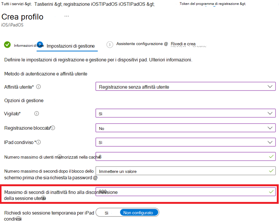 Screenshot che mostra come registrare senza affinità utente e impostare il valore di inattività per i dispositivi iOS/iPadOS nell'interfaccia di amministrazione Microsoft Intune.