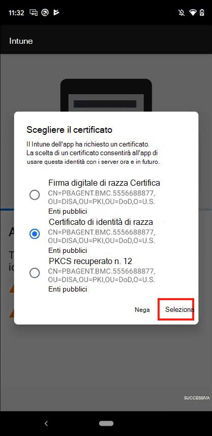 Screenshot del prompt Scegli certificato