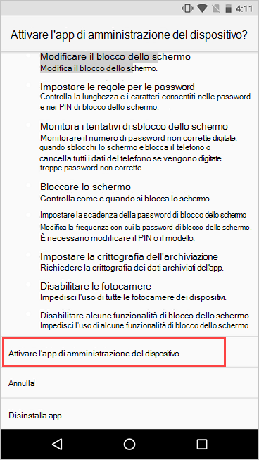 Screenshot della schermata Attiva amministratore del dispositivo, evidenziando il pulsante di attivazione.