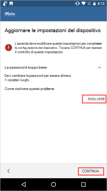 Screenshot di Portale aziendale, Aggiornare le impostazioni del dispositivo, evidenziando i pulsanti Risolvi e Continua.