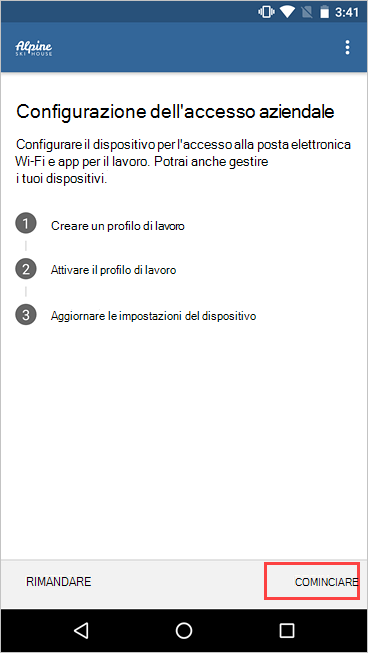 Screenshot della schermata Configurazione dell'accesso aziendale che evidenzia il pulsante Inizia.