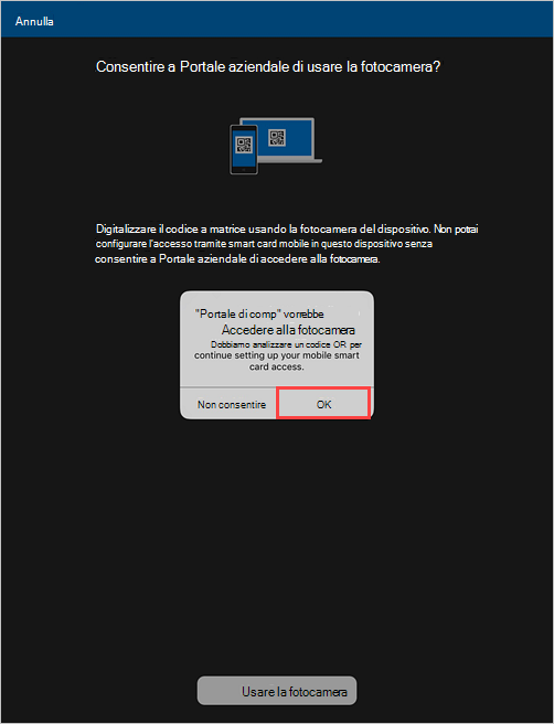 Screenshot di esempio di una richiesta di Portale aziendale, che chiede l'autorizzazione per consentire l'accesso alla fotocamera.