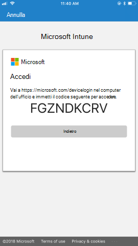 Vengono fornite istruzioni per passare alla https://microsoft.com/devicelogin pagina, con un passcode univoco, dal computer di lavoro, quindi per usare il codice per accedere.