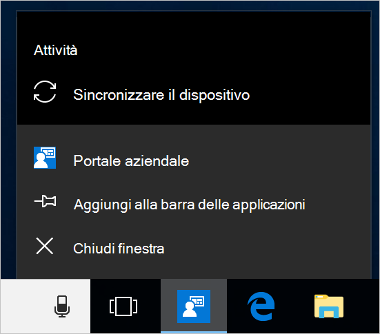 Screenshot della barra delle applicazioni di Windows sul desktop di un dispositivo. Portale aziendale'icona dell'app è stata selezionata e mostra un menu con le opzioni 