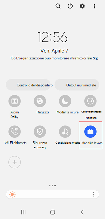 Screenshot dell'icona del profilo di lavoro attivato nelle impostazioni rapide di Samsung Galaxy S20.