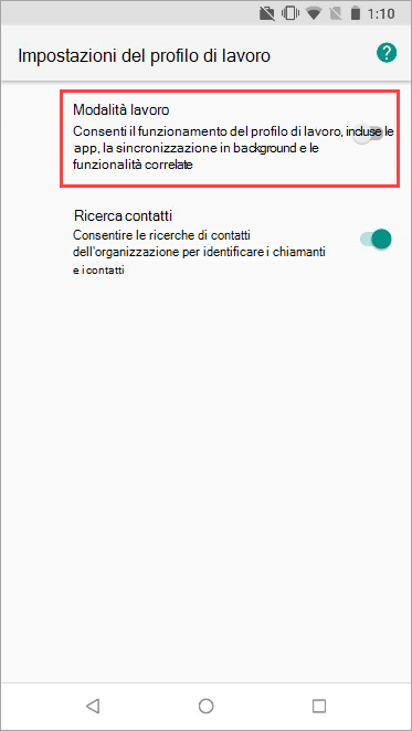 Screenshot dell'interruttore di attivazione/disattivazione profilo di lavoro attivato nelle impostazioni del dispositivo Nexus 5X.