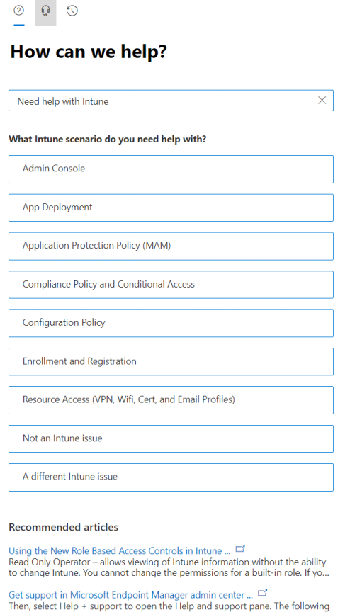 Screenshot che mostra le opzioni dello scenario nell'interfaccia di amministrazione di Intune.