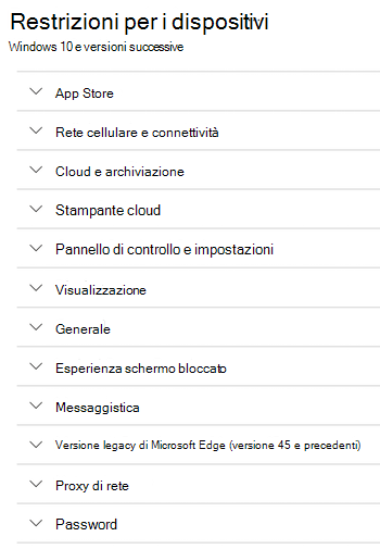 Tutte le impostazioni relative alle restrizioni dei dispositivi per i dispositivi Windows in Microsoft Intune.